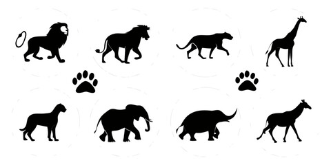 Black silhouette collection of exotic animals and paw prints for wildlife design with silhouette wildlife elephant illustration isolated collection footprint predator creature creative © Eva