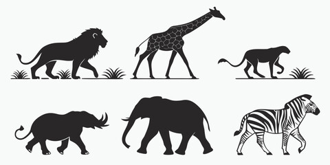 Set of wild animal silhouettes including lion giraffe cheetah elephant and zebra with silhouette wildlife elephant collection illustration isolated predator creature standing creative © Eva
