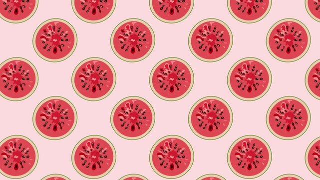 Watermelon seamless pattern, fresh fruit slice stop motion animation on pink background