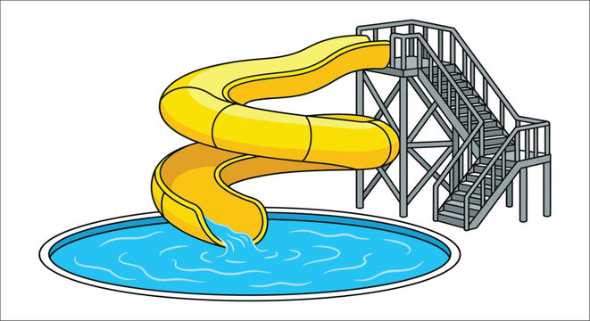 Yellow water slide with spiral design and metal staircase colorful vector illustration waterslide pool waterpark