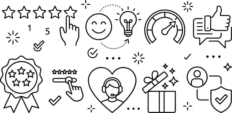 Customer service experience line icons set with feedback satisfaction rating review support reward quality metrics and user security