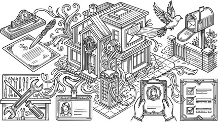 Obraz premium real estate and property management comprehensive isometric illustration depicting home services for modern homeowners