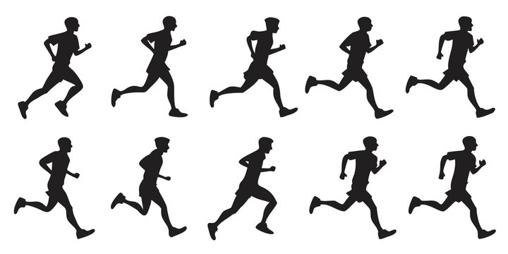 Set of male running human figures in silhouette form with silhouette exercise movement training lifestyle sportive illustration isolated background collection physical activity competition