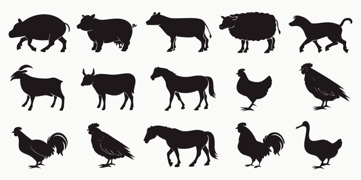 Black silhouette collection of farm animals and poultry isolated with silhouette livestock agriculture collection graphics isolated domestic wildlife barnyard creature