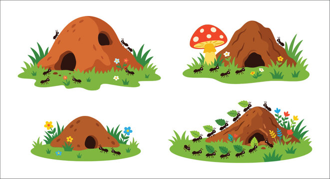 Anthills with ants and surrounding foliage a colorful vector illustration on a white background anthill
