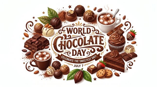 World Chocolate Day celebration with assorted chocolates and sweets on white background