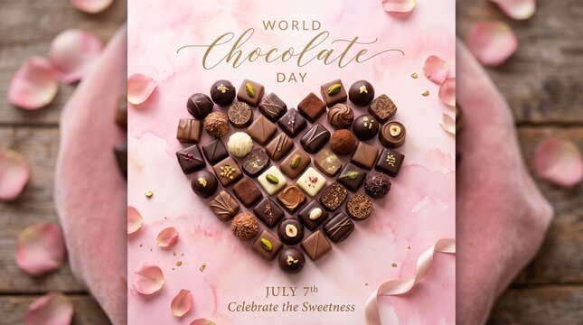 World Chocolate Day celebration with assorted chocolates on pink background with petals