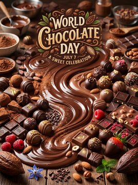 World Chocolate Day celebration with assorted chocolates and sweets on wooden table
