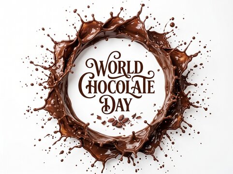 World Chocolate Day celebration with melted chocolate splashes and cocoa beans on white