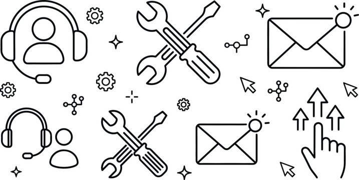Customer support technical assistance service repair tools maintenance email notification and digital optimization business thin line vector icons