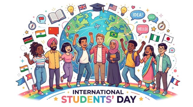 Diverse group of students celebrating international students' day with global elements and flags