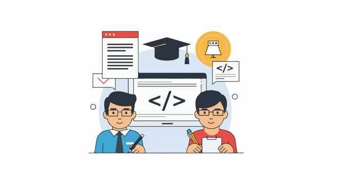 Cartoon illustration of two young men with computer and coding symbols around them