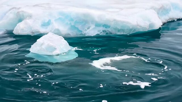 Iceberg floating in dark ocean water.