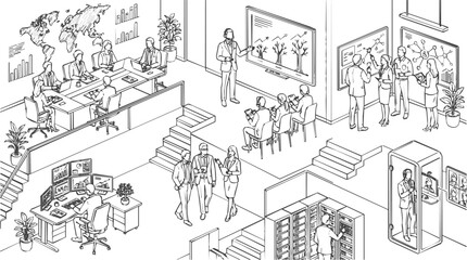 Fototapeta premium Detailed Isometric Office Illustration showing a Modern Business Workspace with Corporate Teams in Meetings and Presentations