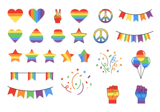 Collection of vibrant LGBTQ pride symbols and celebration elements.