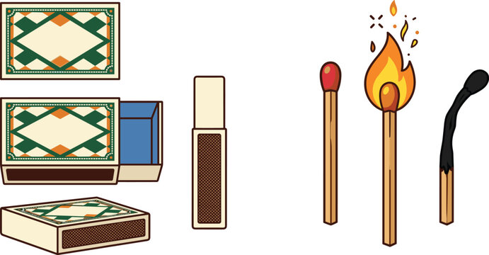 Minimalist vintage matchbox set with safety matches burning flame and burnt matchstick vector