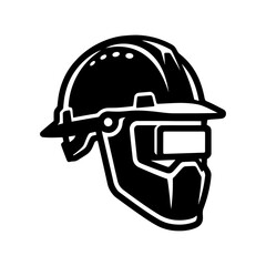 Fototapeta premium Black and white vector illustration of an industrial safety helmet with an integrated face mask for protection in welding and construction