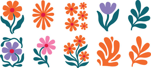 Obraz premium Colorful Hand Drawn Floral Elements Collection Featuring Cute Flowers, Leaves, and Botanical Shapes for Spring Designs, Stickers, Textiles, and Decorations