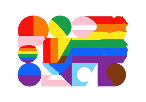 Abstract composition of diverse LGBTQ pride flags and geometric shapes.