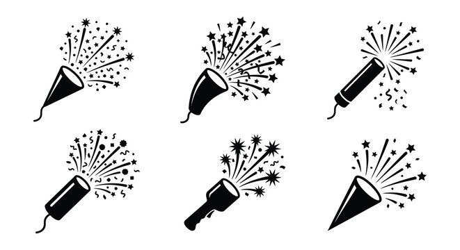Party popper with star and confetti bursts black vector illustration