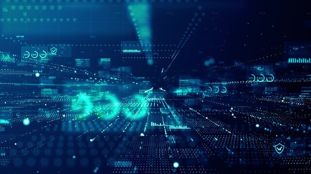Futuristic digital data network with cybersecurity dashboards, analytics interfaces, and high speed information flow visualization for cloud computing and enterprise technology