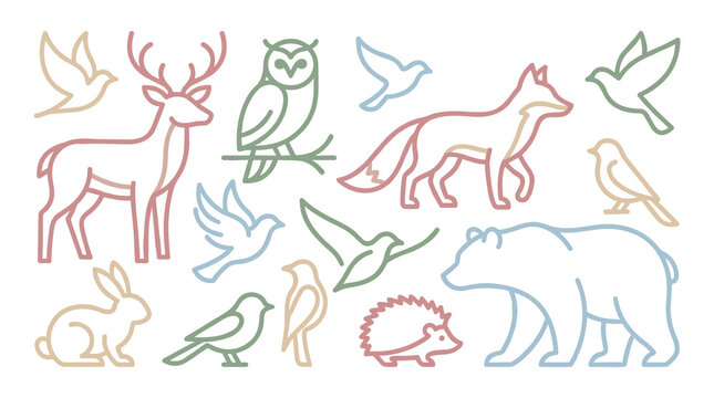A minimal outline vector illustration depicting various wildlife animals in a natural setting.