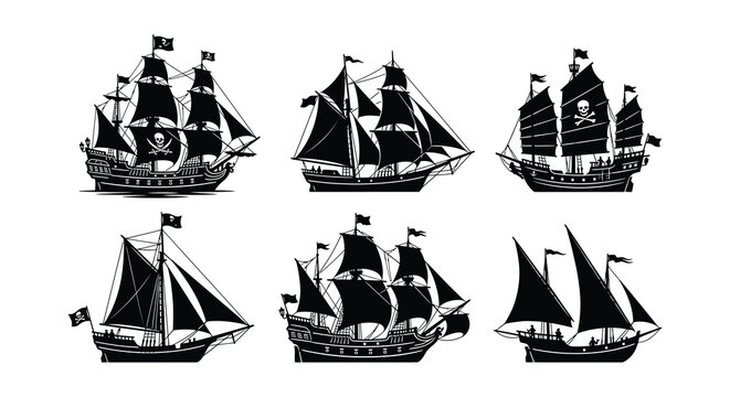 Pirate Ship And Related Objects Black Silhouette Vector Illustration