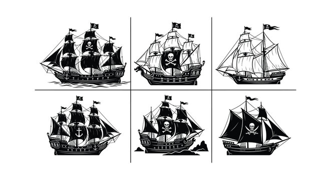 Pirate Ship And Related Objects Black Silhouette Vector Illustration