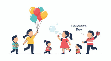 Fototapeta premium Colorful illustration of children celebrating Children's Day with balloons and gifts