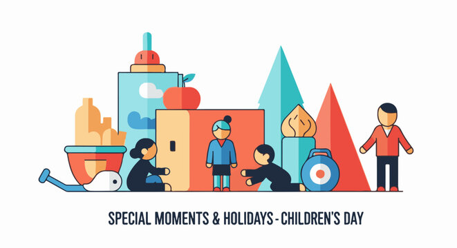 Colorful illustration of children playing with various objects