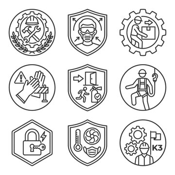 Set of industrial safety and occupational health ppe icons featuring construction protection and emergency procedures emblems for workplace security