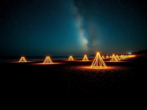 Seesterne light installations on a dark beach, night, installation art