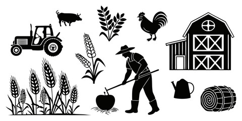 Agricultural collection including tractor barn haystack farmer and wheat icons with agriculture haystack watering countryside elements cultivation vegetation production © Jahid