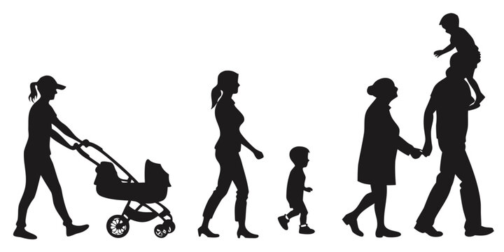 Silhouettes of parents and children walking outdoor with baby carriages and strollers silhouettes children strollers isolated carriage pushchair lifestyle activity parenting recreation