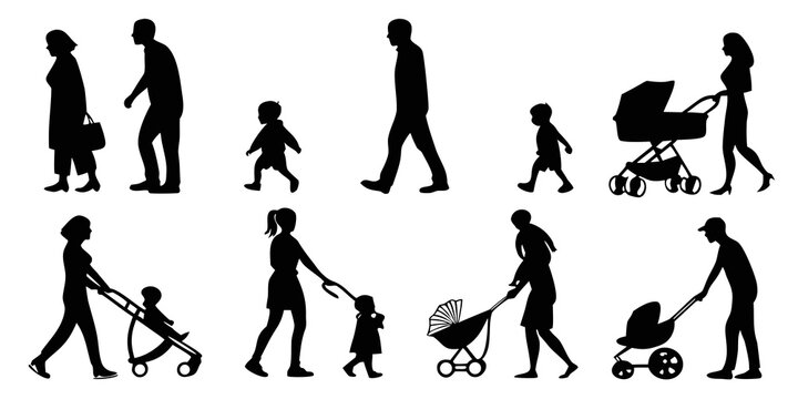 Set of black silhouettes of parents pushing baby strollers and walking with young children silhouettes strollers children isolated carriage pushchair activity lifestyle parenting collection