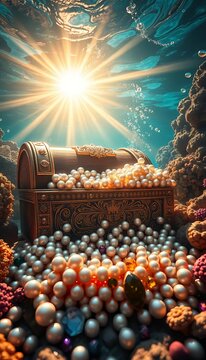 Sunlit underwater treasure chest overflowing with pearls and jewels, oceanic bounty, aqua cache