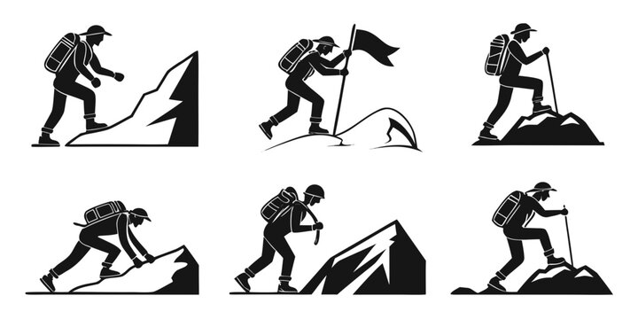 Mountaineer climbing set with backpack and hiking gear mountain mountaineer climbing trekking adventure backpacker activity traveler backpack equipment silhouette collection illustration