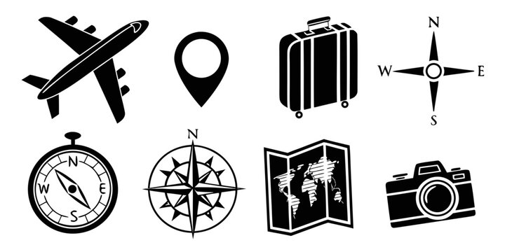 Essential travel and navigation icon set with plane luggage and map navigation airplane location vacation adventure planning silhouette isolated illustration elements collection direction