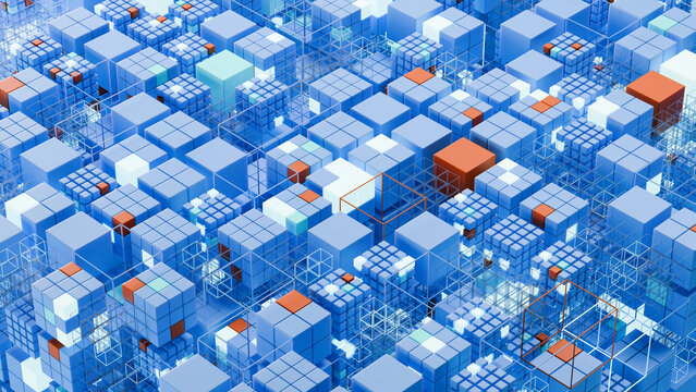 Futuristic digital block architecture illustrating cloud infrastructure, artificial intelligence systems, financial data networks, cybersecurity, analytics and next generation computing technology