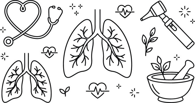 Medical pulmonology respiratory health line art vector set with human lungs heart stethoscope otoscope and herbal medicine mortar