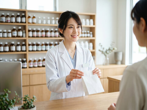 薬局で患者に薬を渡す白衣の笑顔の女性
