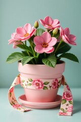 Obraz premium Floral ribbon wrapped around a pastel pink flower pot, spring flowers, ceramics, feminine design
