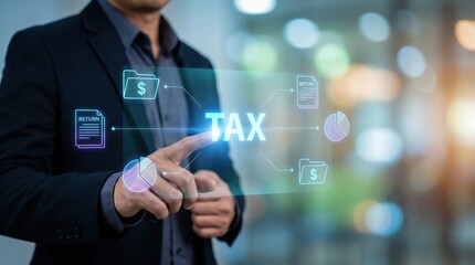 Fototapeta premium Financial Advisory and Tax Automation Concept: Floating Cyan Holographic Dashboard with 2D Accounting Folders, Tax Returns, and Pie Chart Analytics