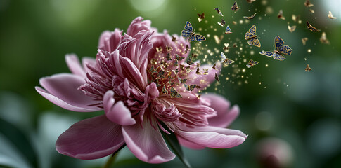 Fototapeta premium Richly textured garden bloom with delicate butterflies and golden specks scattering around