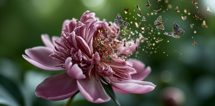 Richly textured garden bloom with delicate butterflies and golden specks scattering around