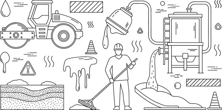 Road construction and asphalt paving line art icon set with roller compactor worker machinery layers vector illustration elements