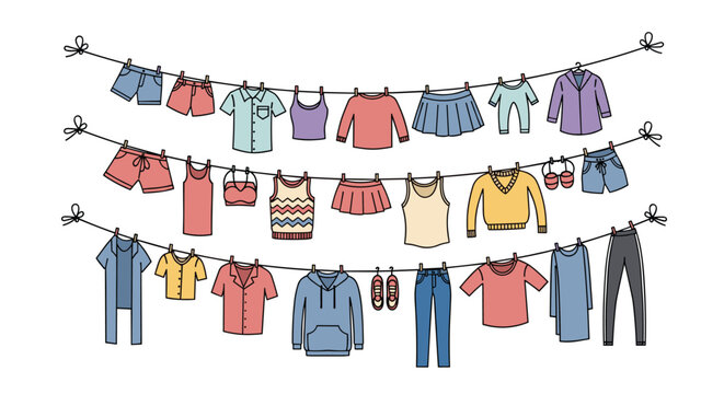 Assorted clothing items like shirts, skirts, shorts, and dresses hanging on three clotheslines with clothespins against a white background.