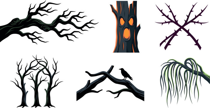 Spooky Halloween Tree Branch Icon Set with Gnarled Wood, Glowing Haunted Trunk, Thorns, Bare Forest Silhouettes, and Crow for Grim Creepy Designs