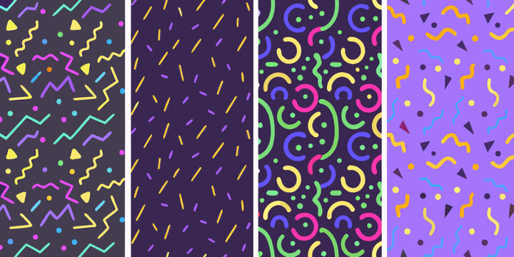 Memphis style patterns with geometric shapes and vibrant color palette