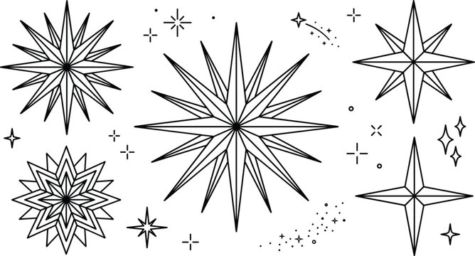 Star burst celestial line art vector set with north star sparkle elements geometric cosmos and fireworks design graphics
